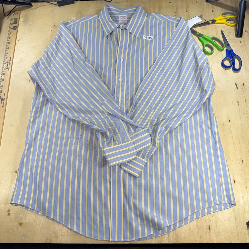 Brooks Brothers Mens 17-35 Blue Yellow Stripe Non-Iron Traditional Fit Shirt